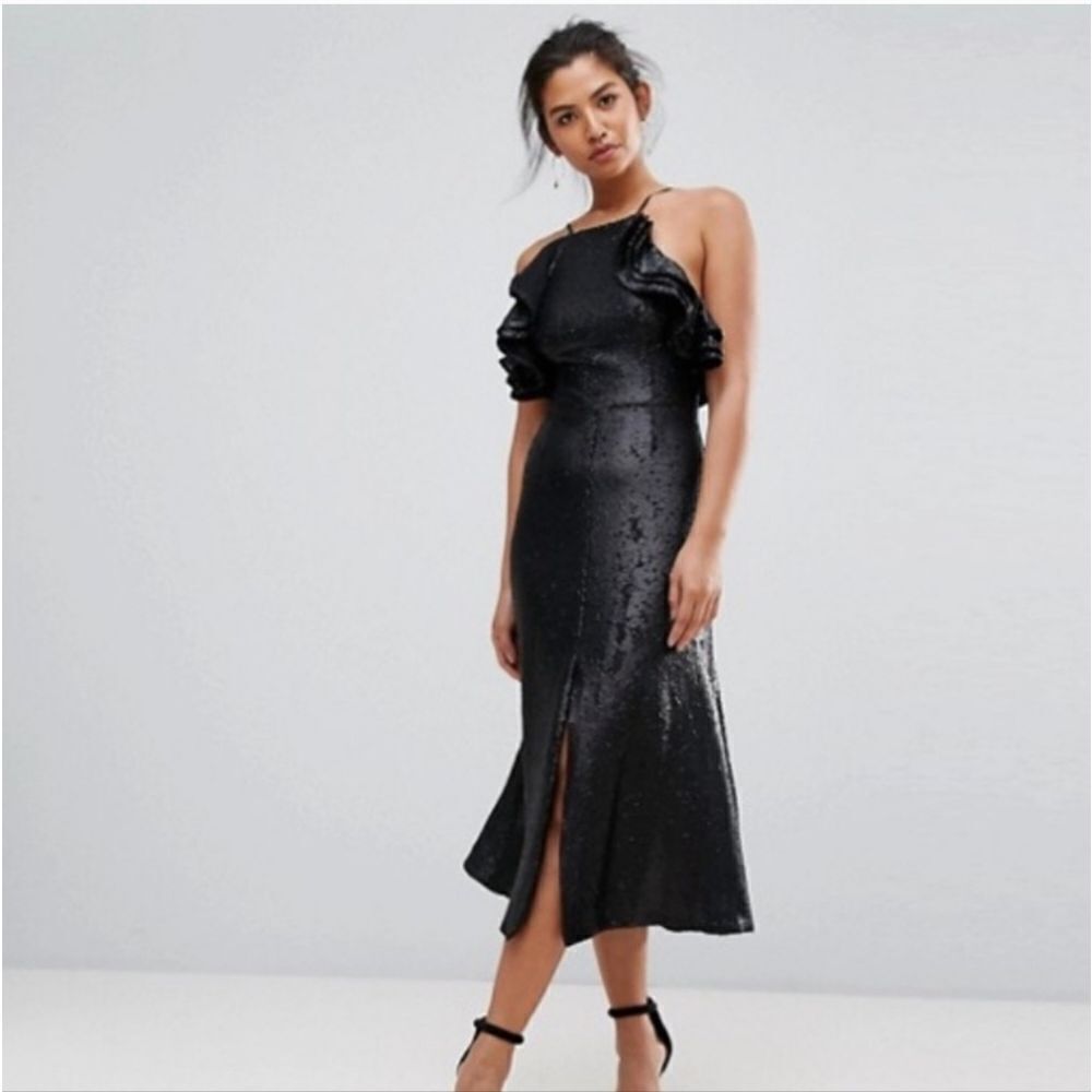 C/Meo Collective Sequin Ruffled Halter Gown Slit Dress New With Tags